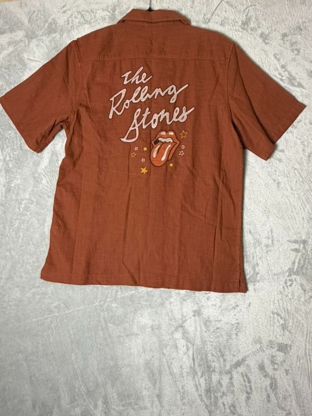 LUCKY BRAND Rolling Stones Mens Small Brown Camp Shirt Button Up Embroidered NEW - Picture 2 of 4